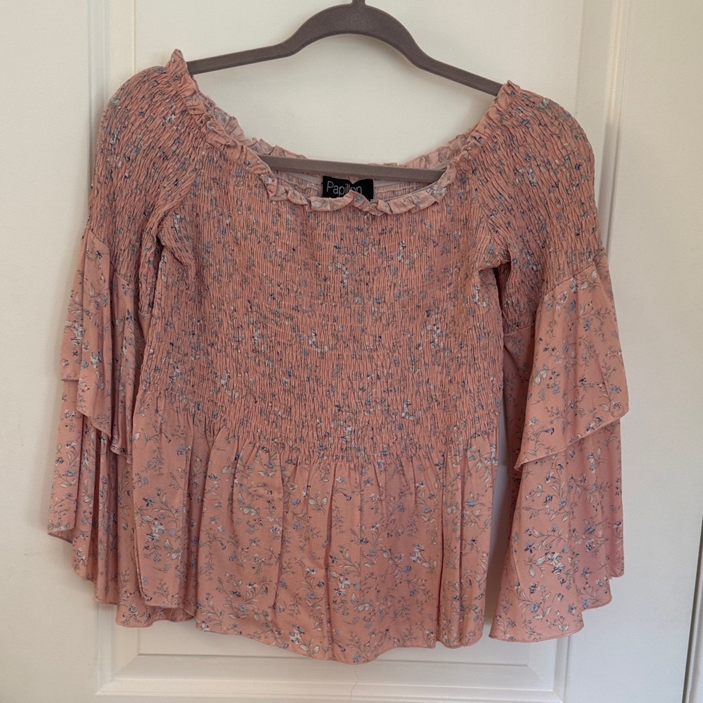 Papaya Peach Floral Smocked Blouse